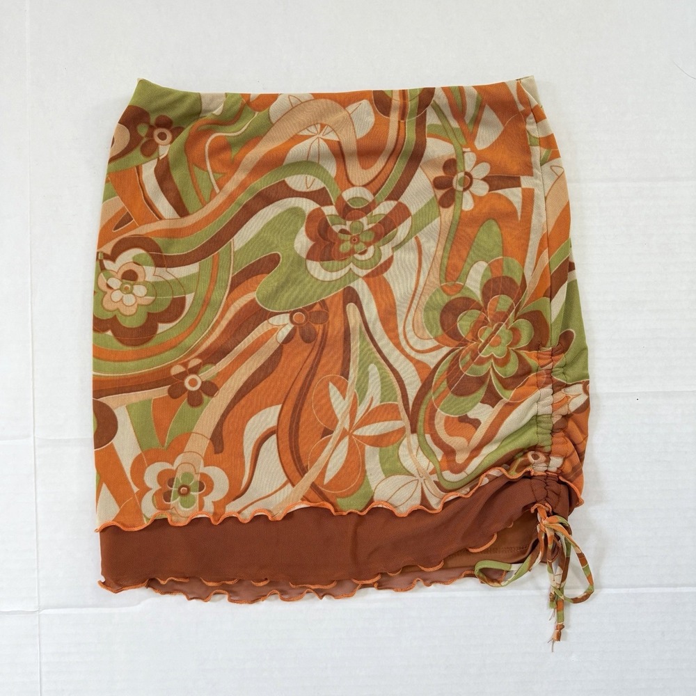 Y2K Floral Mesh Mini Skirt Womens M Ruched Retro 70s Psychedelic Orange Green